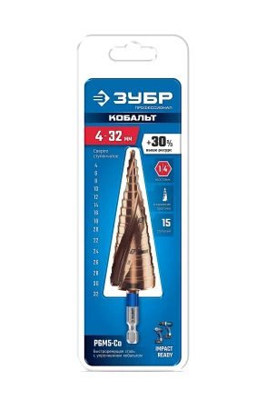 ЗУБР КОБАЛЬТ 4-32мм, 15 ступеней, винтовая проточка, сверло ступенчатое, ПРОФЕССИОНАЛ (29674-4-32-15) купить в Тюмени