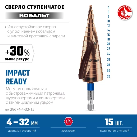 ЗУБР КОБАЛЬТ 4-32мм, 15 ступеней, винтовая проточка, сверло ступенчатое, ПРОФЕССИОНАЛ (29674-4-32-15) купить в Тюмени