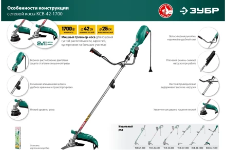ЗУБР 1700 Вт, ш/с 42 см, сетевой триммер (КСВ-42-1700) купить в Тюмени