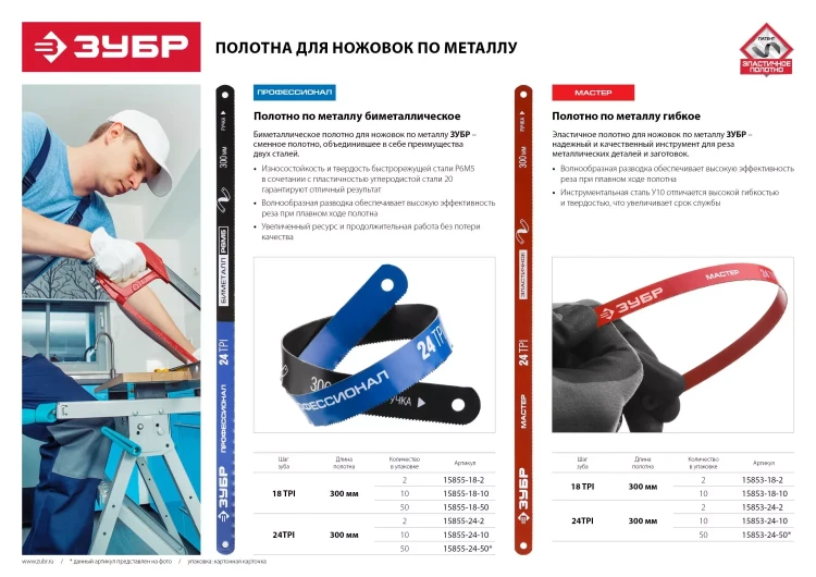 Полотно ЗУБР "ПРОФЕССИОНАЛ" по металлу, биметаллическое 24TPI шаг 1мм, 300мм, 50шт 15855-24-50 купить в Тюмени