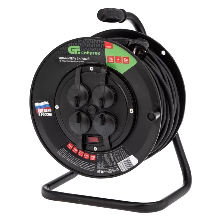 Удлинитель силовой на кабельной катушке, ПВС, 50 м, 4 розетки с крышкой, IP44, 16А, УХз16, Россия Сибртех 96048 купить в Тюмени