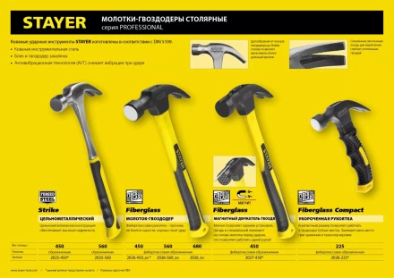 Молоток-гвоздодер &quot;Fiberglass&quot; с фиберглассовой рукояткой, 450 г, STAYER Professional 2026-450_z01 купить в Тюмени