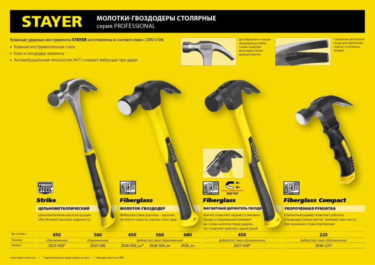 Молоток-гвоздодер "Fiberglass" с фиберглассовой рукояткой, 450 г, STAYER Professional 2026-450_z01 купить в Тюмени