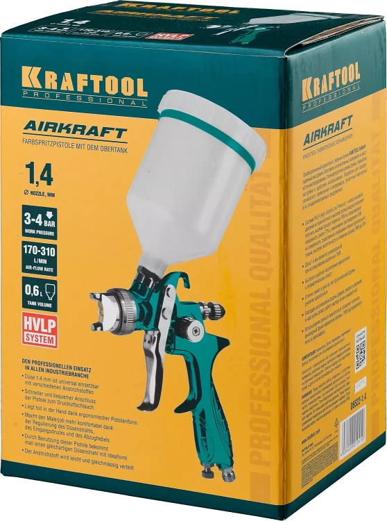 Краскопульт пневматический KRAFTOOL AirKraft, HVLP, c верхним бачком, 1,4мм 06522-1.4 купить в Тюмени