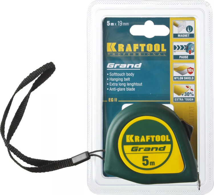 Рулетка KRAFTOOL GRAND, обрезиненный пластиковый корпус, 5м/19мм 34022-05-19 купить в Тюмени