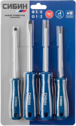 Набор: Отвертки СИБИН 25084 с закаленным стержнем, маслобензостойкая рукоятка, в блистере, 4 предмета 25084 купить в Тюмени