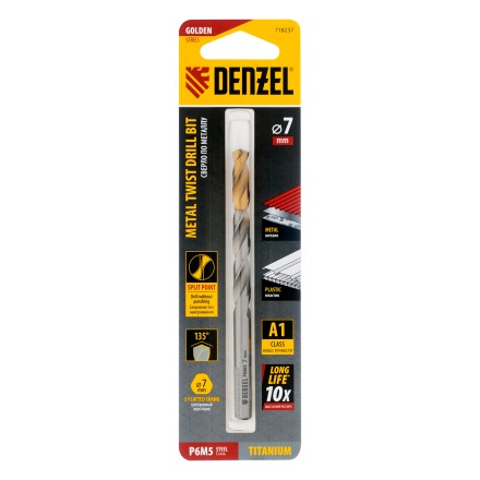 Сверло спиральное по металлу Denzel 7,0 x 109 мм, Р6М5, Golden Tip, 718237 купить в Тюмени
