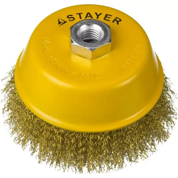 STAYER "PROFESSIONAL". Щетка чашечная для УШМ, витая стальная латунированная проволока 0,3мм, 125ммхМ14 35125-125 купить в Тюмени