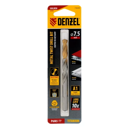 Сверло спиральное по металлу Denzel 7,5 x 109 мм, Р6М5, Golden Tip, 718238 купить в Тюмени