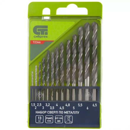 Набор сверл по металлу 1,5 - 6,5 мм 13 штук Р6М5 пластиковый кейс СИБРТЕХ артикул 72346 купить в Тюмени