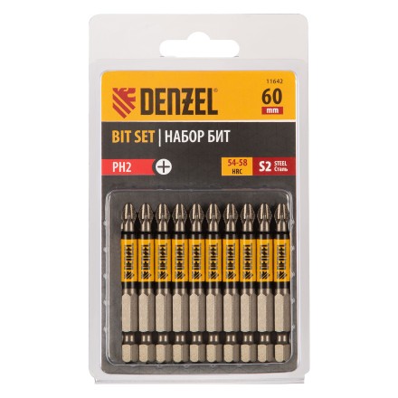 Бита PH2х60, сталь S2, цилиндр., 10 шт. Е 6,3 Denzel 11642 купить в Тюмени