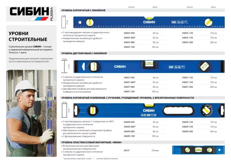 Уровень СИБИН двутавровый, 3 ампулы, измерительная линейка, 200см 34607-200 купить в Тюмени