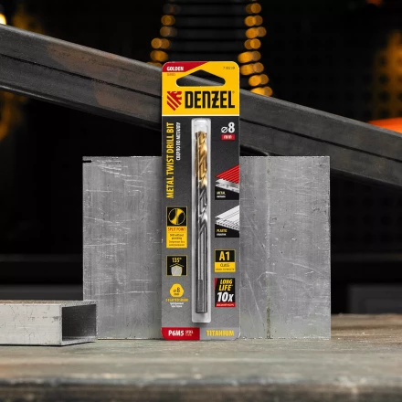 Сверло спиральное по металлу Denzel 8 x 117 мм, Р6М5, Golden Tip, 718239 купить в Тюмени