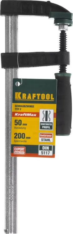 Струбцина, KRAFTOOL 32011-050-200, тип "F", DIN 5117, двухкомпонентная ручка, 50х200мм 32011-050-200 купить в Тюмени