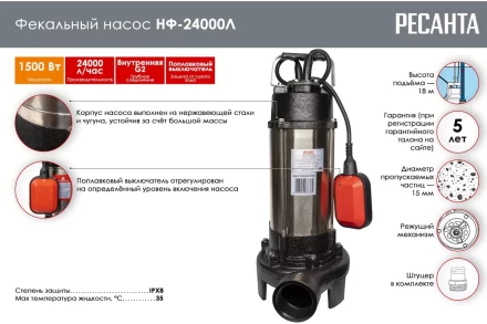 Фекальный насос Ресанта НФ-24000Л с измельчителем 77/5/4 купить в Тюмени