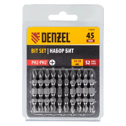 Бита двухсторонняя, PH2-PH2 х 45 мм, сталь S2, 10 шт. Denzel 11673 купить в Тюмени