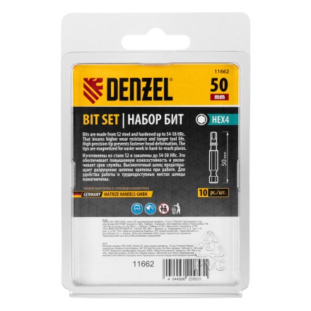 Бита HEX 4х50, сталь S2, шестигранный профиль, 10 шт. Е 6,3 Denzel 11662 купить в Тюмени
