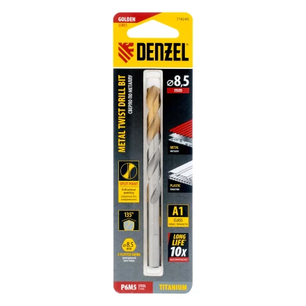 Сверло спиральное по металлу Denzel 8,5 x 117 мм, Р6М5, Golden Tip, 718240 купить в Тюмени