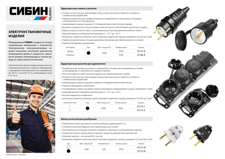 Вилка СИБИН электрическая, разборная, 6А/220В, черная 55152-B купить в Тюмени