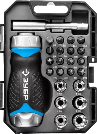 Набор ЗУБР &quot;ПРОФЕССИОНАЛ&quot;: Отвертка реверсив с двухкомп рукоят, насадки, CrMo, рукоят с отсеком для хранения бит, 24 предмета 25353-H24 купить в Тюмени