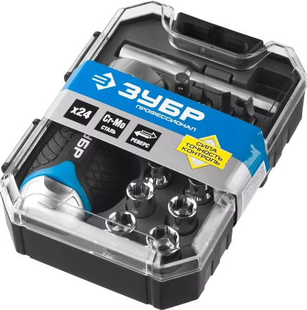 Набор ЗУБР &quot;ПРОФЕССИОНАЛ&quot;: Отвертка реверсив с двухкомп рукоят, насадки, CrMo, рукоят с отсеком для хранения бит, 24 предмета 25353-H24 купить в Тюмени