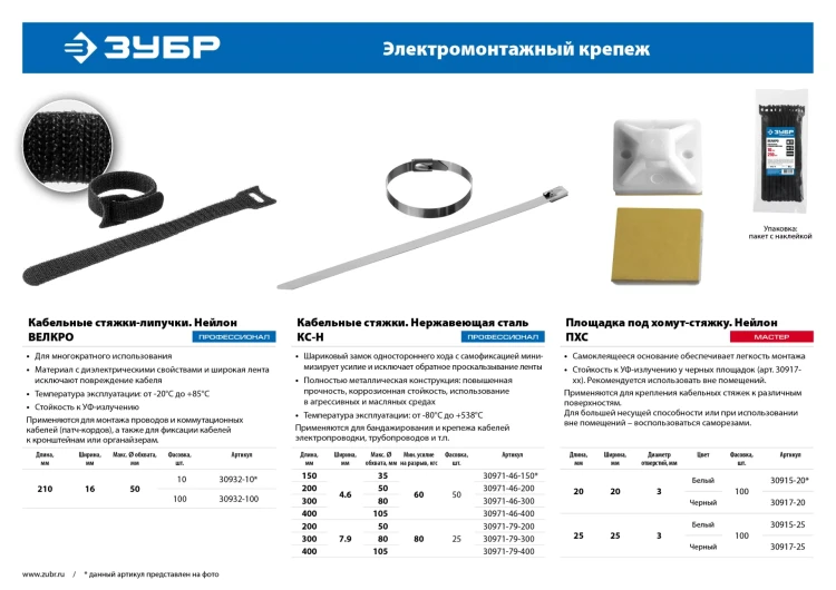 ЗУБР ПХС, 25 x 25 мм, нейлон, 100 шт, черная, самоклеющаяся площадка под хомут-стяжку (30917-25) купить в Тюмени
