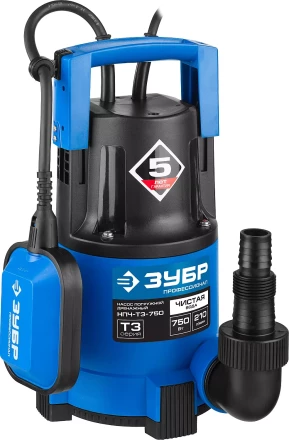 Насос ЗУБР &quot;ПРОФЕССИОНАЛ&quot; Т3 погружной дренажный для чистой воды (d пропускаемых частиц до 5мм), 750Вт, пропускная способность 210л/мин, напор 8,5м НПЧ-Т3-750 купить в Тюмени