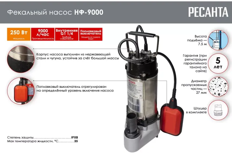 Фекальный насос Ресанта НФ-9000 77/5/1 купить в Тюмени