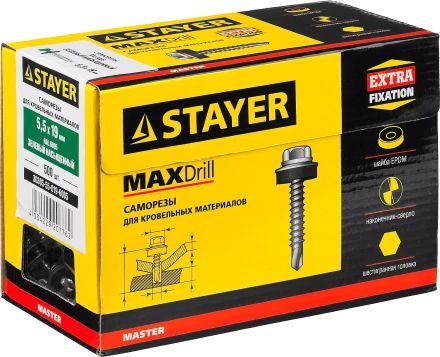 Саморезы СКМ кровельные, RAL 6005 зеленый насыщенный, 19 x 5.5 мм, 500 шт, для металлических конструкций, STAYER 30305-55-019-6005 купить в Тюмени