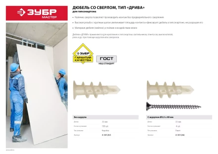 Дюбели ДРИВА для гипсокартона со сверлом пакет серия МАСТЕР купить в Тюмени