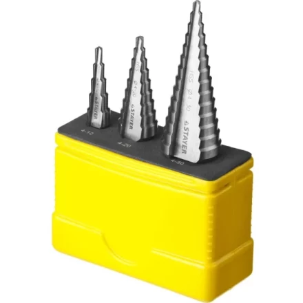 Набор STAYER &quot;MASTER&quot;: Ступенчатые сверла по сталям и цвет.мет., сталь HSS, d=4-12мм,5 ступ. d 4-20 мм 9 ступ., d 4-30мм 14ступ. 29660-4-30-H3 купить в Тюмени