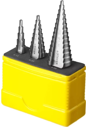 Набор STAYER &quot;MASTER&quot;: Ступенчатые сверла по сталям и цвет.мет., сталь HSS, d=4-12мм,5 ступ. d 4-20 мм 9 ступ., d 4-30мм 14ступ. 29660-4-30-H3 купить в Тюмени