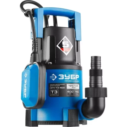 Насос ЗУБР &quot;ПРОФЕССИОНАЛ&quot; Т3 погружной дренажный для чистой воды (d пропускаемых частиц до 5мм), 400Вт, пропускная способность 140л/мин, напор 8,0м НПЧ-Т3-400 купить в Тюмени