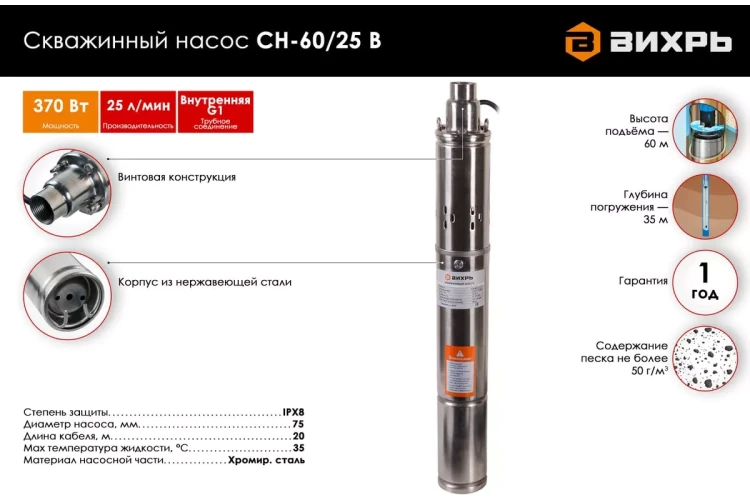 Скважинный насос Вихрь СН-60/25 В 68/3/14 купить в Тюмени