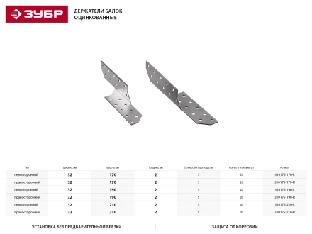 Держатель балки ЗУБР &quot;МАСТЕР&quot; левосторонний, 32х210мм, 20шт 310175-210-L купить в Тюмени