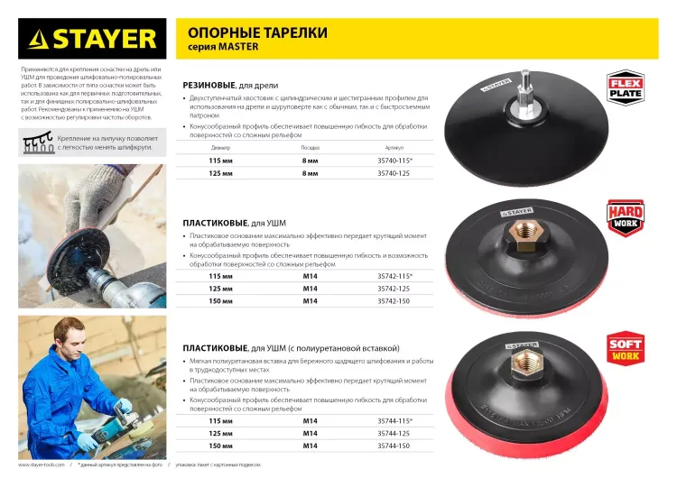 Тарелка опорная STAYER "MASTER" пластиковая для УШМ на липучке, полиуретановая вставка, d=150 мм, М14 35744-150 купить в Тюмени