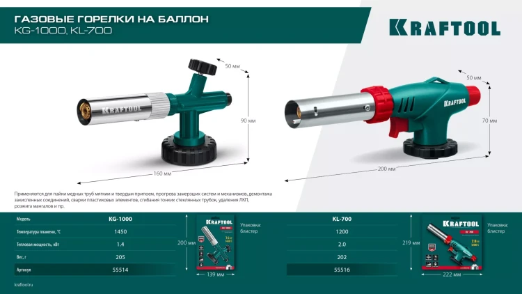 KG-1000 цельнометаллическая газовая горелка с пъезоподжигом, на баллон с цанговым соединением, 1450°C 55514 купить в Тюмени