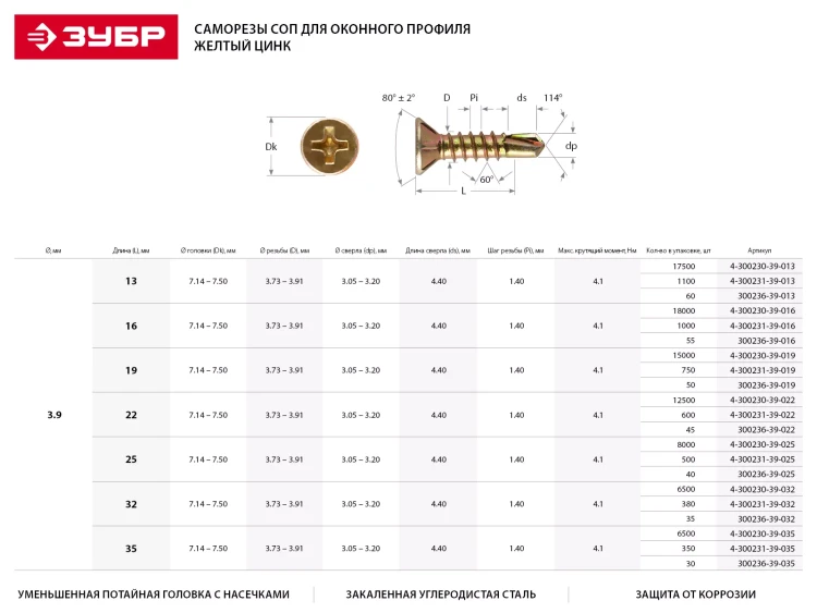 Саморезы ЗУБР "МАСТЕР" со сверлом для оконного профиля, жёлтопассивированные, 3.9x16мм, 55шт 300236-39-016 купить в Тюмени
