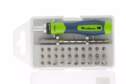 Отвертка реверсивная Сибртех с набором бит и торцевых головок 26 шт CrV чехол 13376 купить в Тюмени