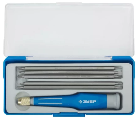 Набор ЗУБР Отвертка &quot;ЭКСПЕРТ&quot; для точных работ, двухкомп рукоятка, CR-V, сменные двустор стержни 120мм, 5шт, 6предм 25627-H6 купить в Тюмени