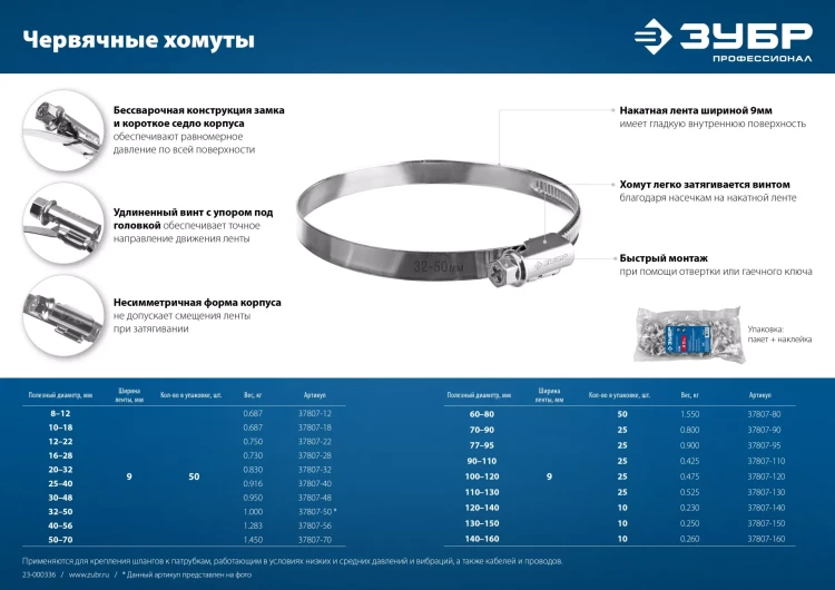 ЗУБР Х-9Н, 10 - 18 мм, накатная лента 9 мм, цинк, 50 шт, червячный хомут (37807-18) купить в Тюмени