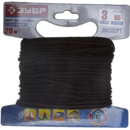 Шнур ЗУБР полиамидный, плетеный, повышенной нагрузки, с сердечником, черный, d 3, 20м 50311-03-020 купить в Тюмени