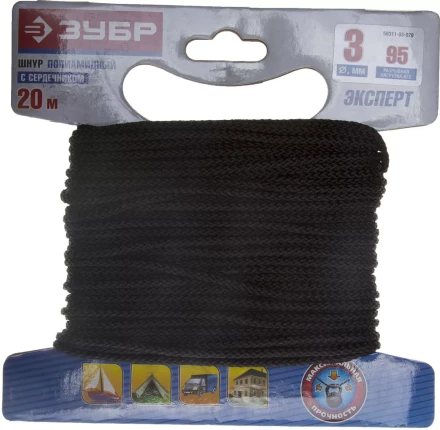 Шнур ЗУБР полиамидный, плетеный, повышенной нагрузки, с сердечником, черный, d 3, 20м 50311-03-020 купить в Тюмени