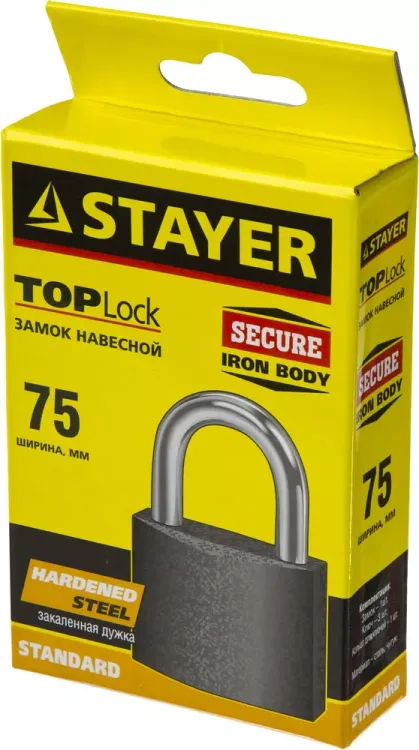 Замок STAYER "STANDARD" навесной, металлический корпус, закаленная дужка, 75 мм 37160-75 купить в Тюмени