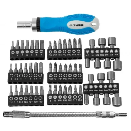 Набор ЗУБР Отвертка &quot;ЭКСПЕРТ&quot; реверс., 2-хкомп. ручка,биты 30мм, торц.головки,гибкий удл. с магнит. фикс. 215мм, 58пред 25280-H58 купить в Тюмени