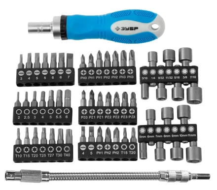 Набор ЗУБР Отвертка &quot;ЭКСПЕРТ&quot; реверс., 2-хкомп. ручка,биты 30мм, торц.головки,гибкий удл. с магнит. фикс. 215мм, 58пред 25280-H58 купить в Тюмени