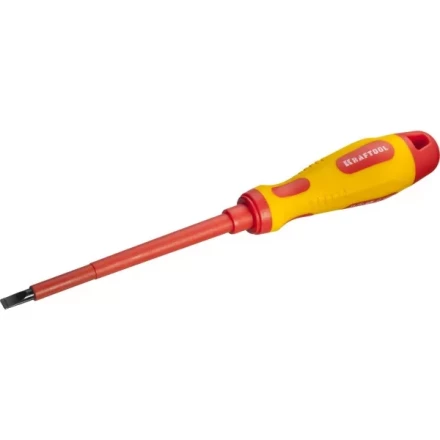 Отвертка KRAFTOOL, высоковольтная, Cr-Mo-V стержень, двухкомпонент. маслобензостойкая рукоятка, SL, 5,5х125мм 250083-5.5-125 купить в Тюмени