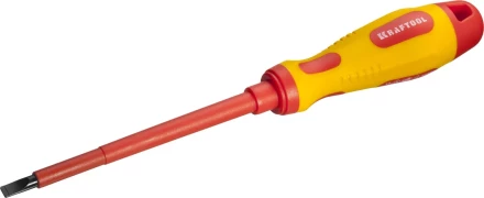 Отвертка KRAFTOOL, высоковольтная, Cr-Mo-V стержень, двухкомпонент. маслобензостойкая рукоятка, SL, 5,5х125мм 250083-5.5-125 купить в Тюмени