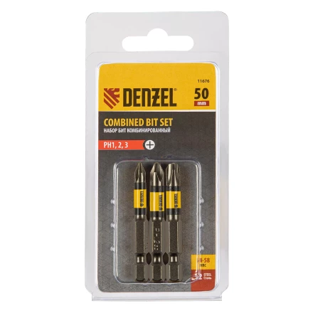 Набор бит комбинированный 3 шт., РН1, РН2, РН3, 50 мм, сталь S2 Denzel 11676 купить в Тюмени