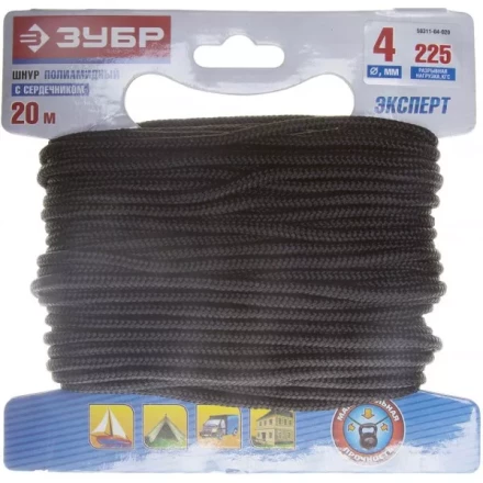 Шнур ЗУБР полиамидный, плетеный, повышенной нагрузки, с сердечником, черный, d 4, 20м 50311-04-020 купить в Тюмени